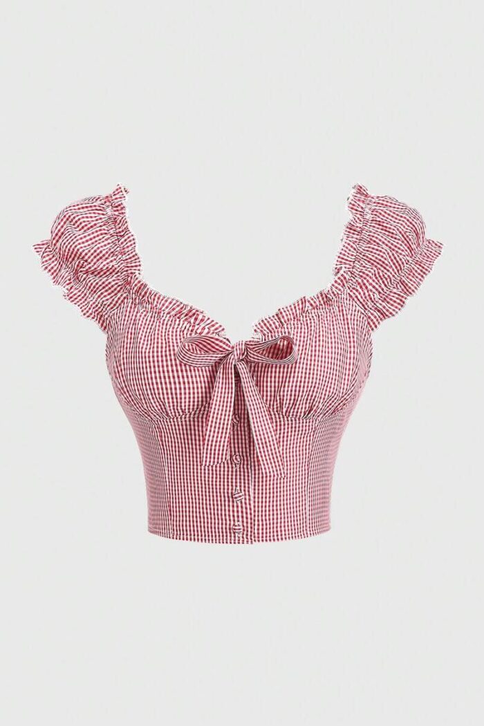 Sweetra Women's Short Sleeve Plaid Square Neck Collar Button-Up Shirt With Frill Trim And Bow, Suitable For Spring, Summer, Autumn