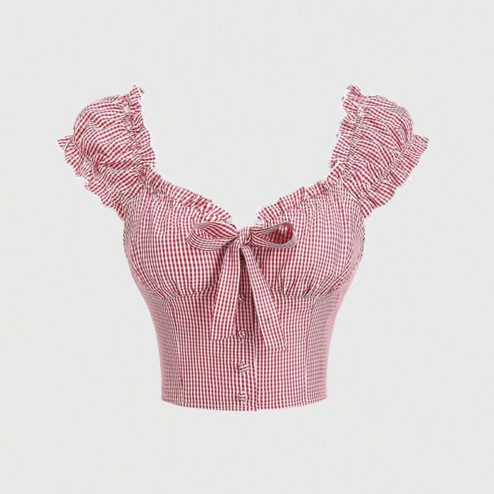 Sweetra Women's Short Sleeve Plaid Square Neck Collar Button-Up Shirt With Frill Trim And Bow, Suitable For Spring, Summer, Autumn