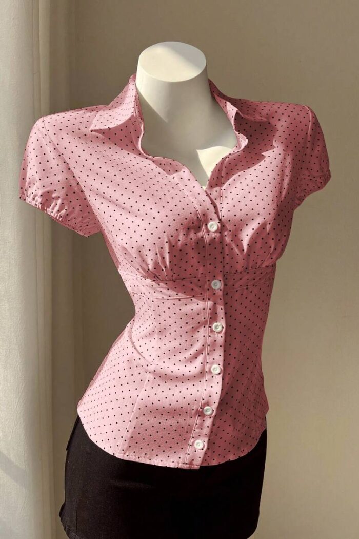 Elamini Polka Dot Print Collar Slim Fit Short Sleeve Women Blouse