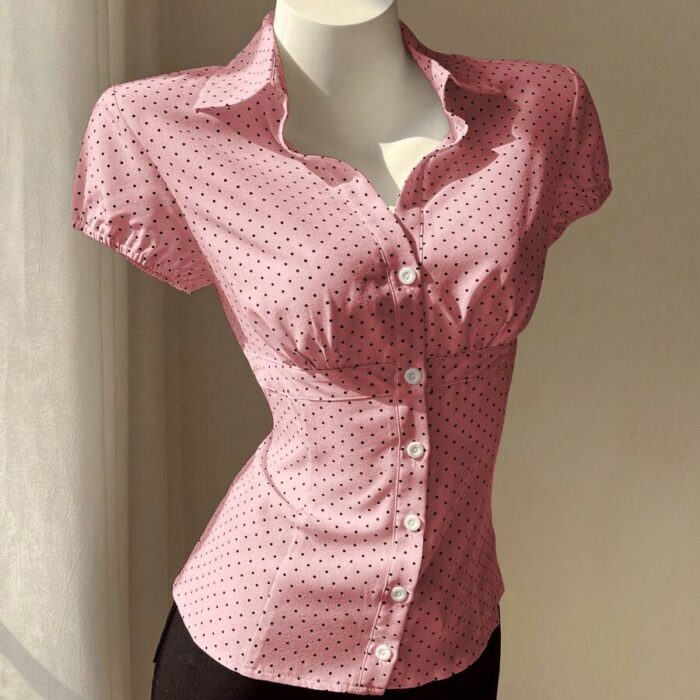 Elamini Polka Dot Print Collar Slim Fit Short Sleeve Women Blouse