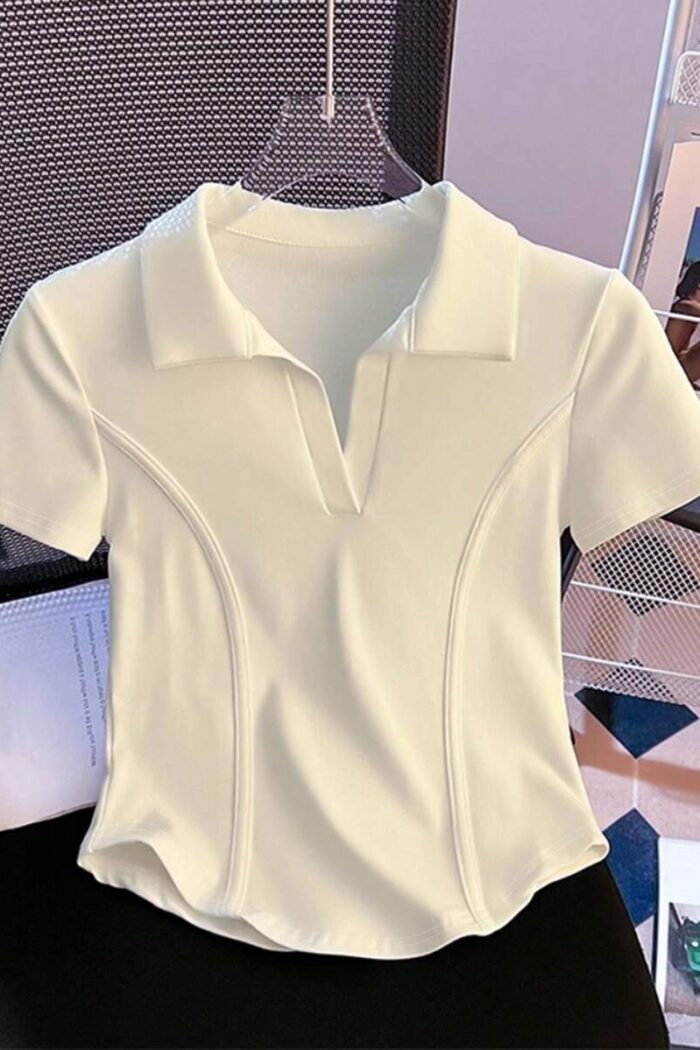 Resyla White Polo Shirt Women Short Sleeve T-Shirt Summer Turndown Collar Fitted Cropped Fishbone Top