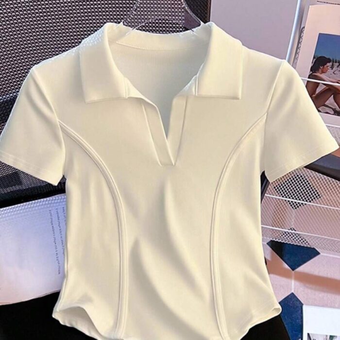 Resyla White Polo Shirt Women Short Sleeve T-Shirt Summer Turndown Collar Fitted Cropped Fishbone Top