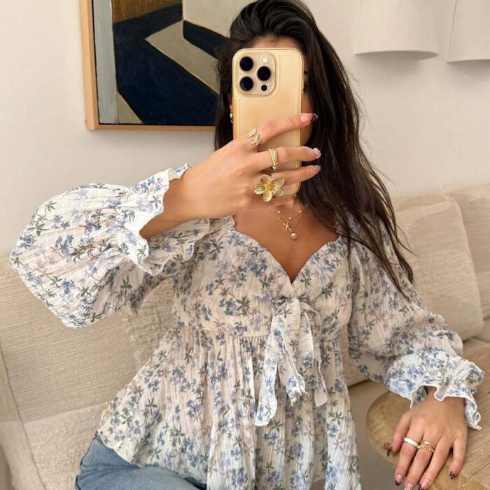 Serisse Women's Ditsy Floral Tie Front Long Sleeve Shirt Fall Women Clothes Back To School Business Casual Woman