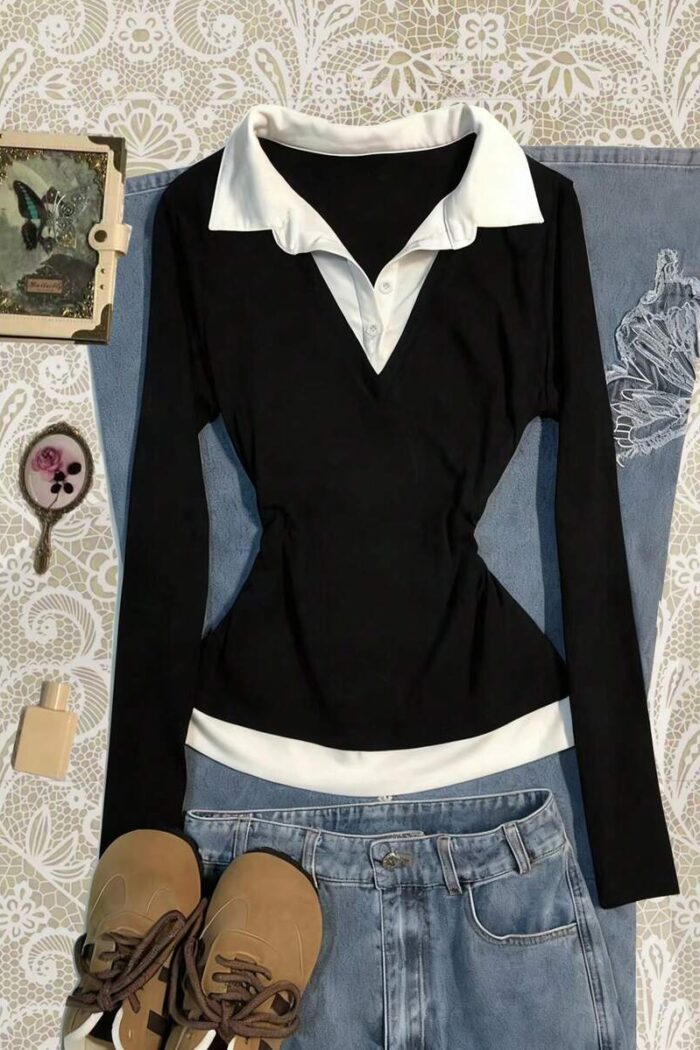 Glimmora Women's Contrast Color Shirt Collar Long Sleeve Casual 2 In 1 Top
