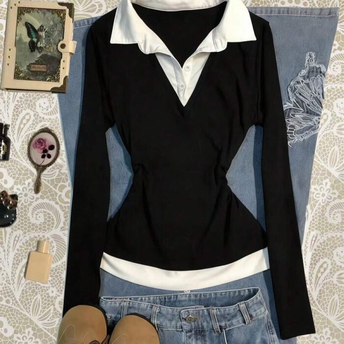 Glimmora Women's Contrast Color Shirt Collar Long Sleeve Casual 2 In 1 Top