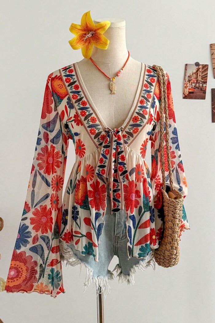Soleia Women's Vacation Knit Mesh Vintage Floral V-Neck Long Flare Sleeve Front Tie Blouse For Party, Christmas, Date, Nightclub, Bohemian, Boho, Vacation, Fall